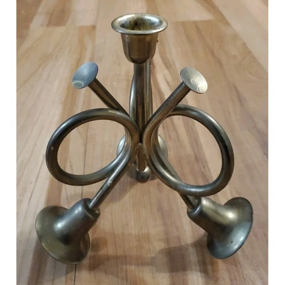 Tripple French Horn Brass‎ Taper Candle Holder Thanksgiving Christmas Holiday